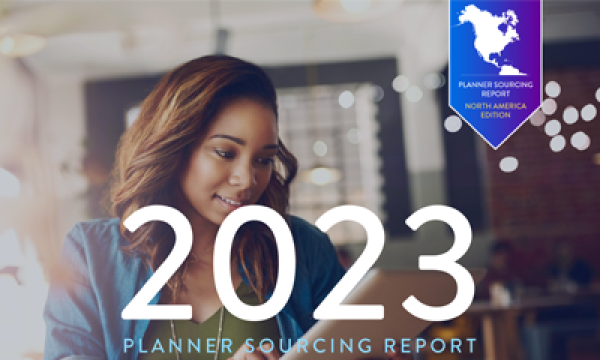 Planner sourcing report 2023 with a woman working on a laptop.