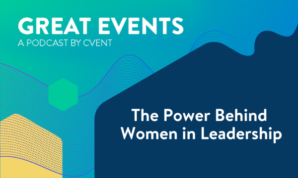 Podcast cover: The Power Behind Women in Leadership, featuring a blue and yellow abstract background and white text.