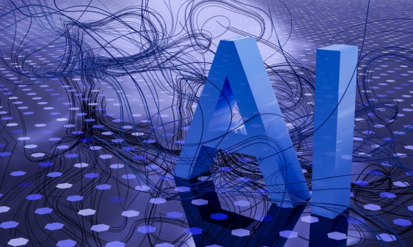 The blue AI letters are in the center of a blue background with black lines and blue hexagons.