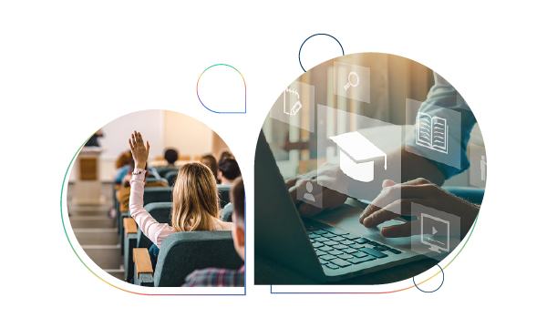 Collage of students in lecture hall and hands typing on laptop with education icons overlaid on image.