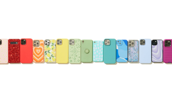 A lineup of vibrant phone cases with different designs and colors arranged in a row.