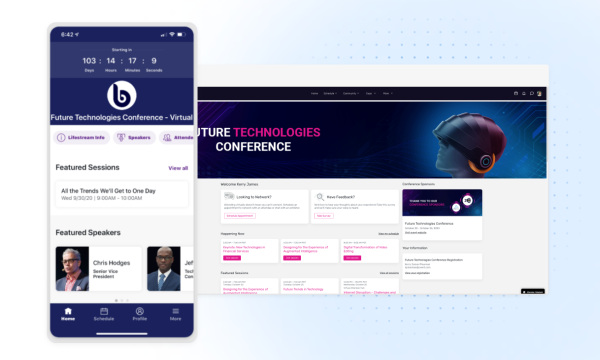 A mobile device displaying the conference website, showcasing event details and registration options.