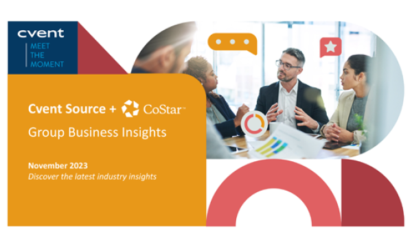 Cvent Source and CoStar Group Business Insights for November 2023 with a meeting room in the background.