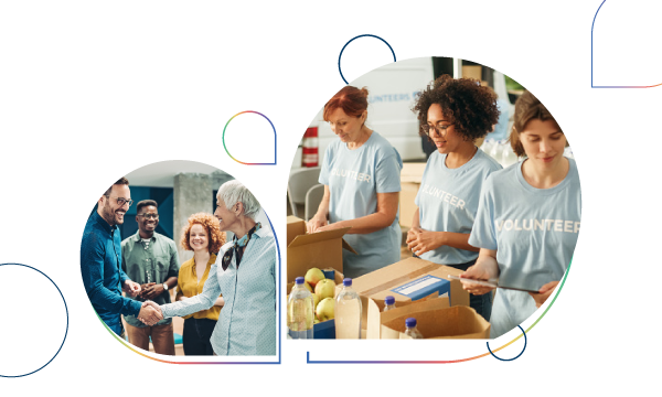 Two photos showing people greeting and volunteers delivering food with the text 'Volunteer' on their shirts.