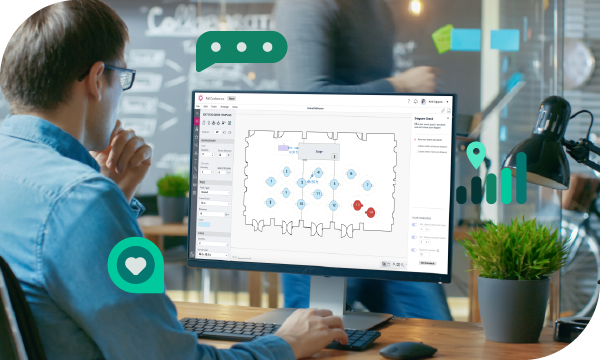 Man working on a computer with heart, speech bubble, and location icons floating around the computer screen.