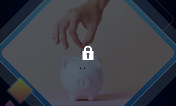 A hand inserting a coin into a piggy bank with a lock in the middle.