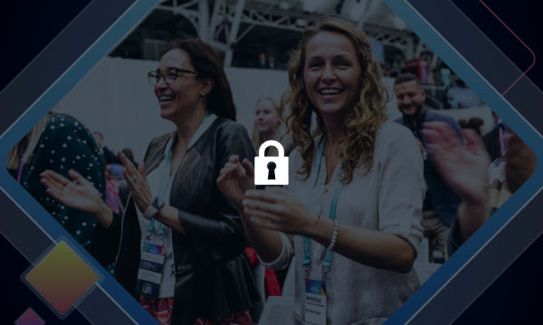 A group of people in an event, with a padlock icon in the middle.