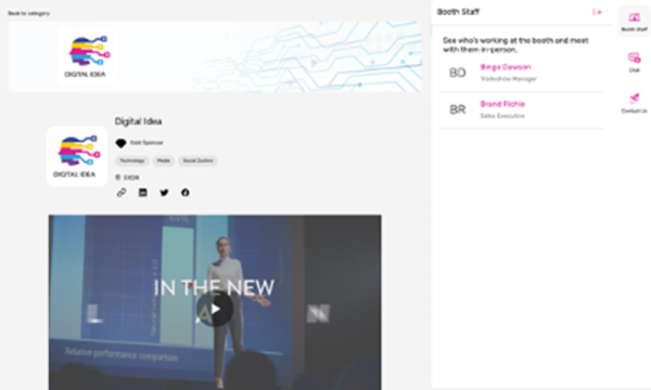 Interface showing a virtual booth with a video and booth staff