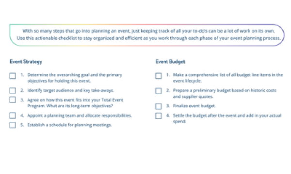 An in-person event planning checklist with event strategy, event budget, and a checkmark box.