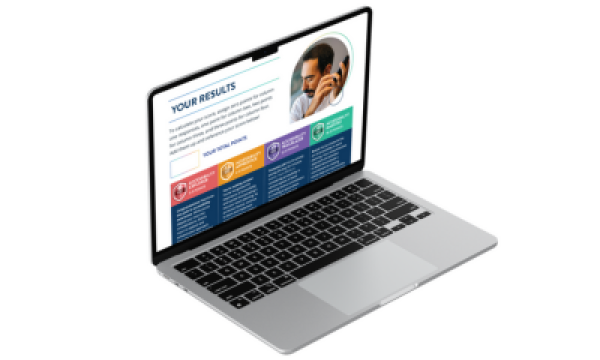 A laptop with a screen that says "Your Results" with other text and a picture of a man.