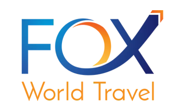 The Fox World Travel logo features blue and orange letters on a white background.