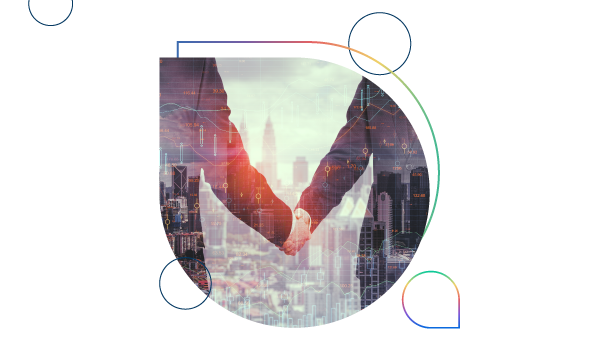 Two people shaking hands in front of a city skyline and a financial graph on a white background.