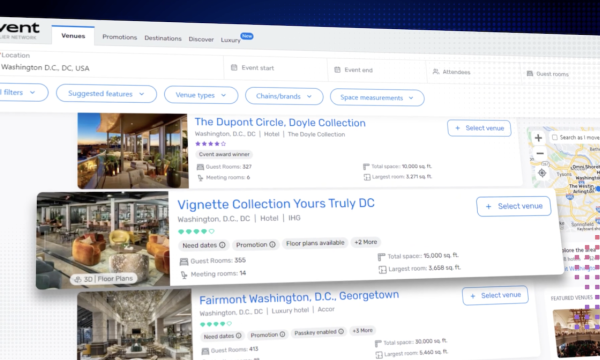 Cvent event sourcing page with Dupont Circle, Vignette, and Fairmont Washington, D.C., Georgetown venues highlighted.