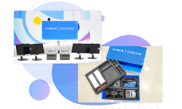 A collage of images showing the Cvent On Arrival equipment, including monitors and scanners.