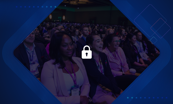 Guide to in-person events with a group of people at an event with a lock icon.