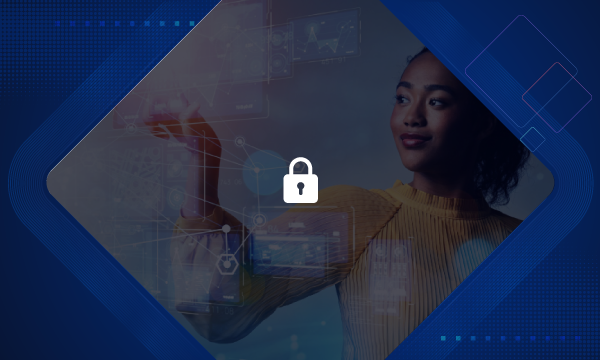 Woman in front of a locked AI image.