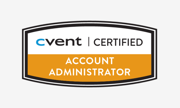 Cvent certified account administrator logo with black, orange, and white color scheme on white background.