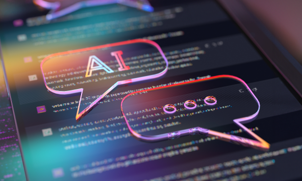 An electronic device displays a conversation between AI and a person with neon speech bubbles.