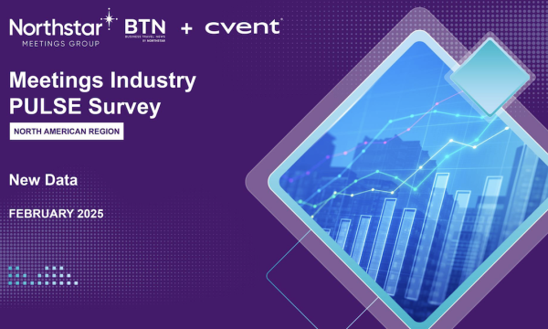 Meetings Industry Pulse Survey North American Region February 2025 New Data on a purple background.