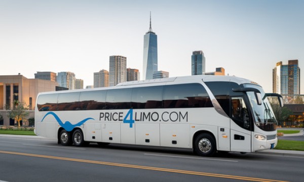 Price4Limo bus on road with cityscape backdrop and blue wave design on side of bus.