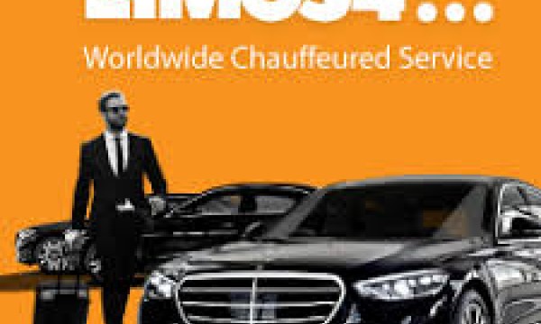 A man holding a suitcase stands next to a limo with the words Limos4 Worldwide Chauffeur Service.
