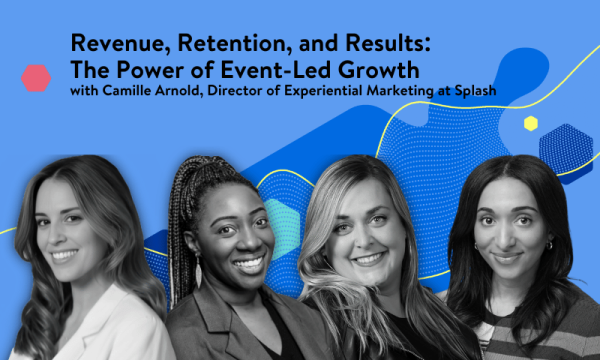 Four women posing for a photo in front of a blue background with the text "Revenue, Retention, and Results".