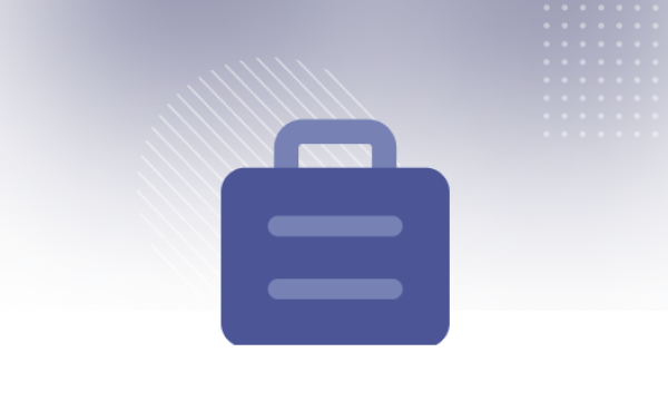 A briefcase with a handle is placed on a white and purple background with dots.