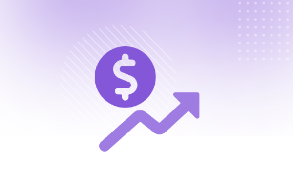 A purple circle with a dollar sign and an upward arrow on a purple background.