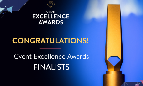 A golden trophy on a blue background with the text "Cvent Excellence Awards Finalists" in the center.