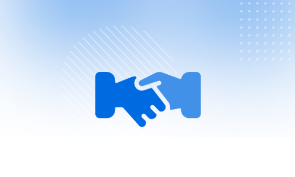 Two hands shaking with each other and the background is blue and white.