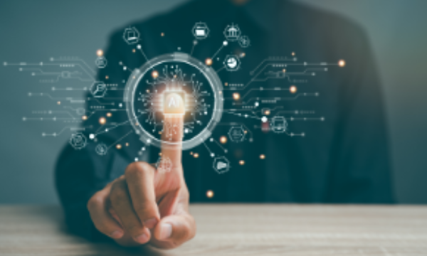 Person pressing a button on a touch screen with an "A" symbol and glowing lights around it.