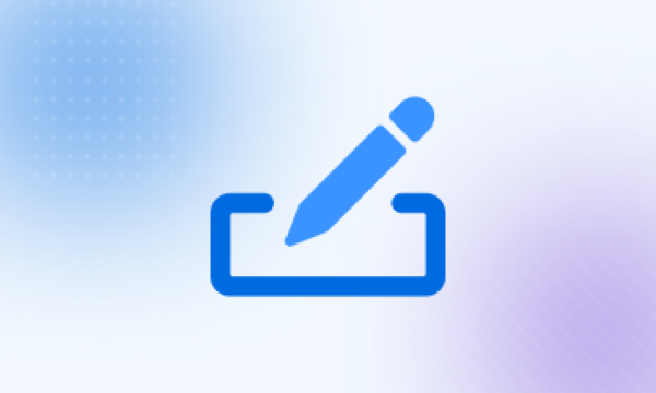 A blue pen icon in a square blue box on a blue and purple background.