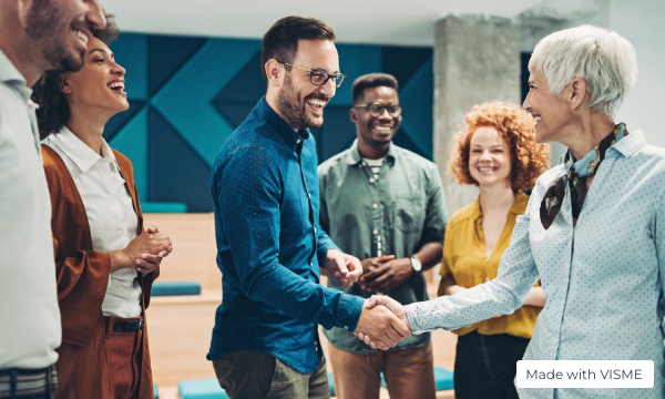 A group of people laughing, smiling and shaking hands with the text "Made with Visme" in the corner.