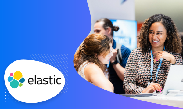 Thumbnail image with Elastic logo and two women chatting at a trade show