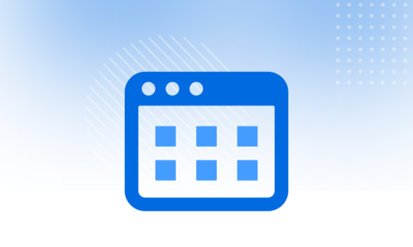 A stylized graphic of a web browser window with three circular buttons at the top left and six square icons arranged in two rows inside the window, set against a light blue gradient background with abstract lines and dots