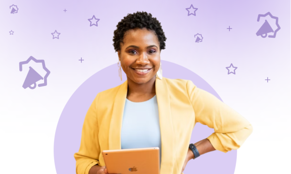 A person with short curly hair, wearing a yellow blazer and holding a tablet, stands in front of a purple background with megaphone and star icons, representing event marketing.