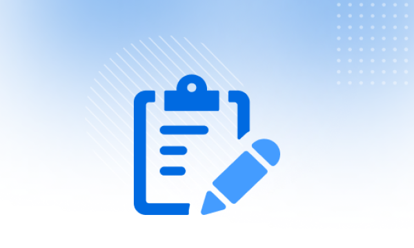 A stylized graphic of a clipboard with a checklist and a large pencil, set against a soft purple gradient background with abstract lines and dots.