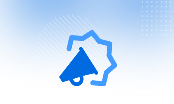 A stylized graphic of a megaphone in front of a gear or starburst shape, set against a soft purple gradient background with abstract lines and dots.