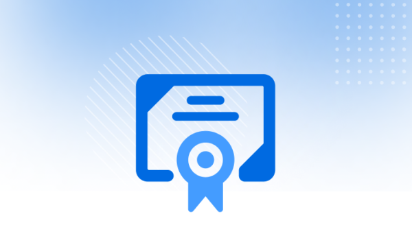 A stylized graphic of a certificate or diploma with a ribbon or seal at the bottom center, displayed on a rectangular background with two horizontal lines representing text, set against a light green gradient background with abstract lines and dots.