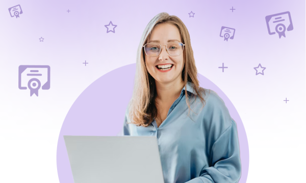 A person with light brown hair and glasses, wearing a light blue shirt and holding a laptop, smiles in front of a purple background decorated with certificate and star icons, representing training and enablement.