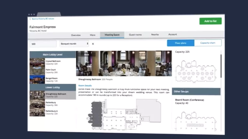 The Fairmont Empress Victoria BC room selection and capacity chart on a website page.