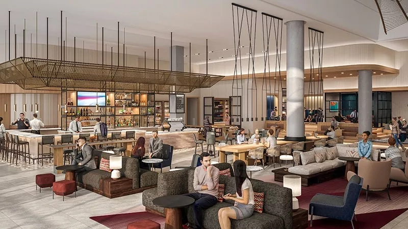 Artist's rendering of the lobby of the upcoming Marriott Hotel in Downtown Brooklyn.
