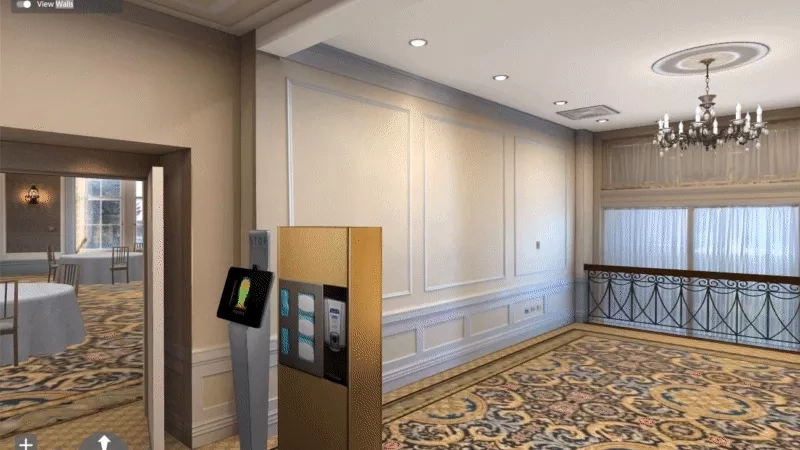 A 3D visualization of a room with a digital kiosk, a chandelier, and a carpeted floor.