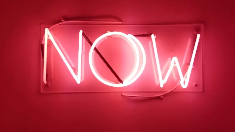 Pink neon sign on a red wall that reads the word "Now" in white neon font.