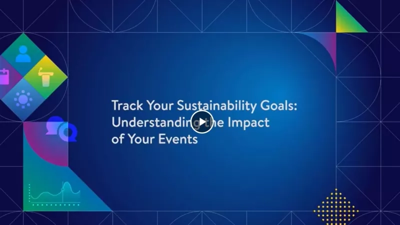 The text "Track Your Sustainability Goals" on a blue background with a geometric pattern and icons.