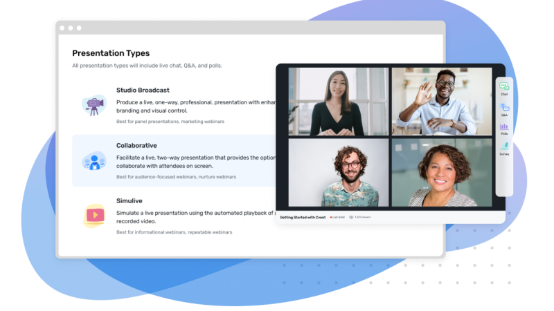 Webinar presentation types include Studio Broadcast, Collaborative, and Simulive