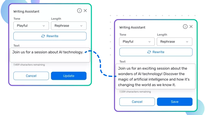 An image showing how the Cvent AI Writing Assistant can rewrite content to be more engaging.
