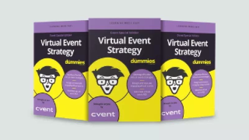 Three virtual event strategy booklets with a cartoon face on the front, purple and yellow in color.