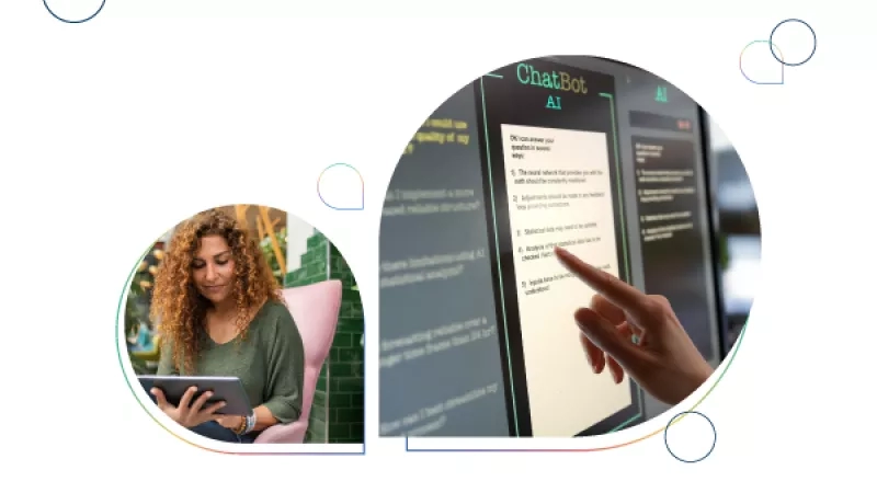 A woman using a tablet and a hand pointing at a computer screen.