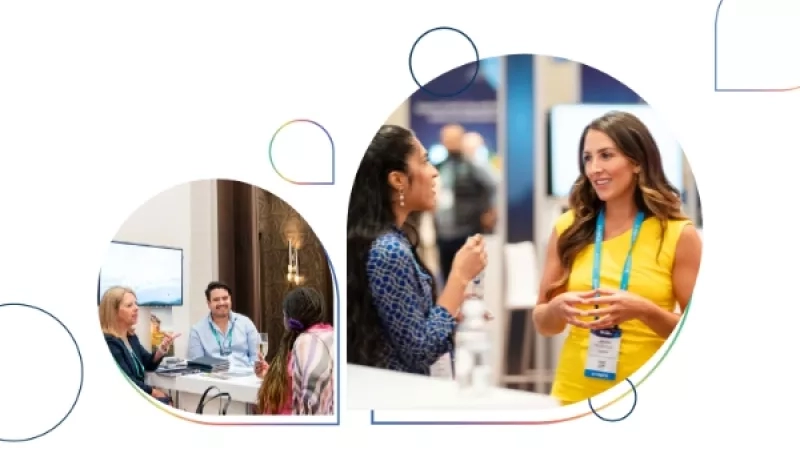 Two photos of people talking with each other at an event.